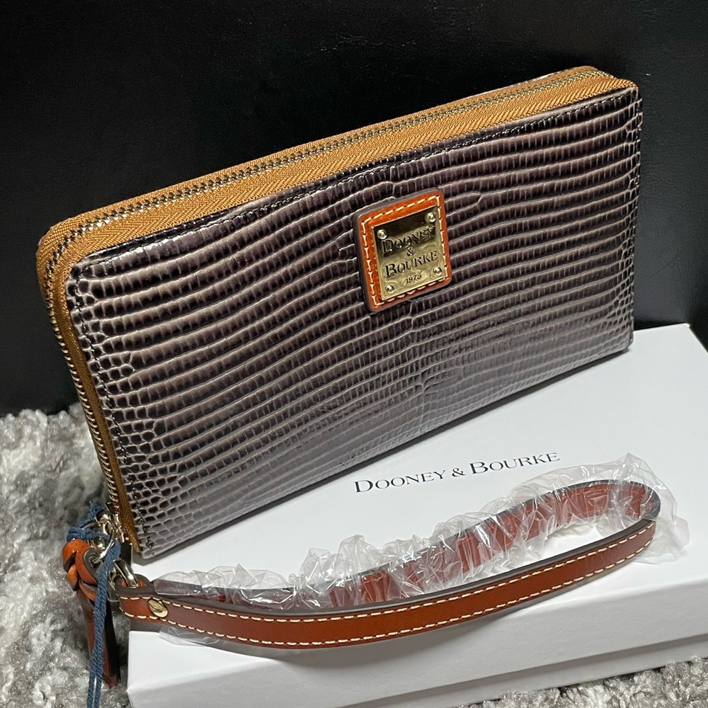 Dooney & Bourke Brown Croc-Embossed Zip Wristlet with Tan Trim